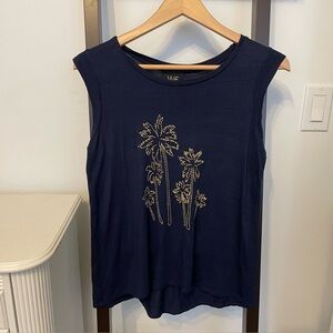 Anthropologie navy tank with gold threaded palm trees. Size S. W5 brand.
